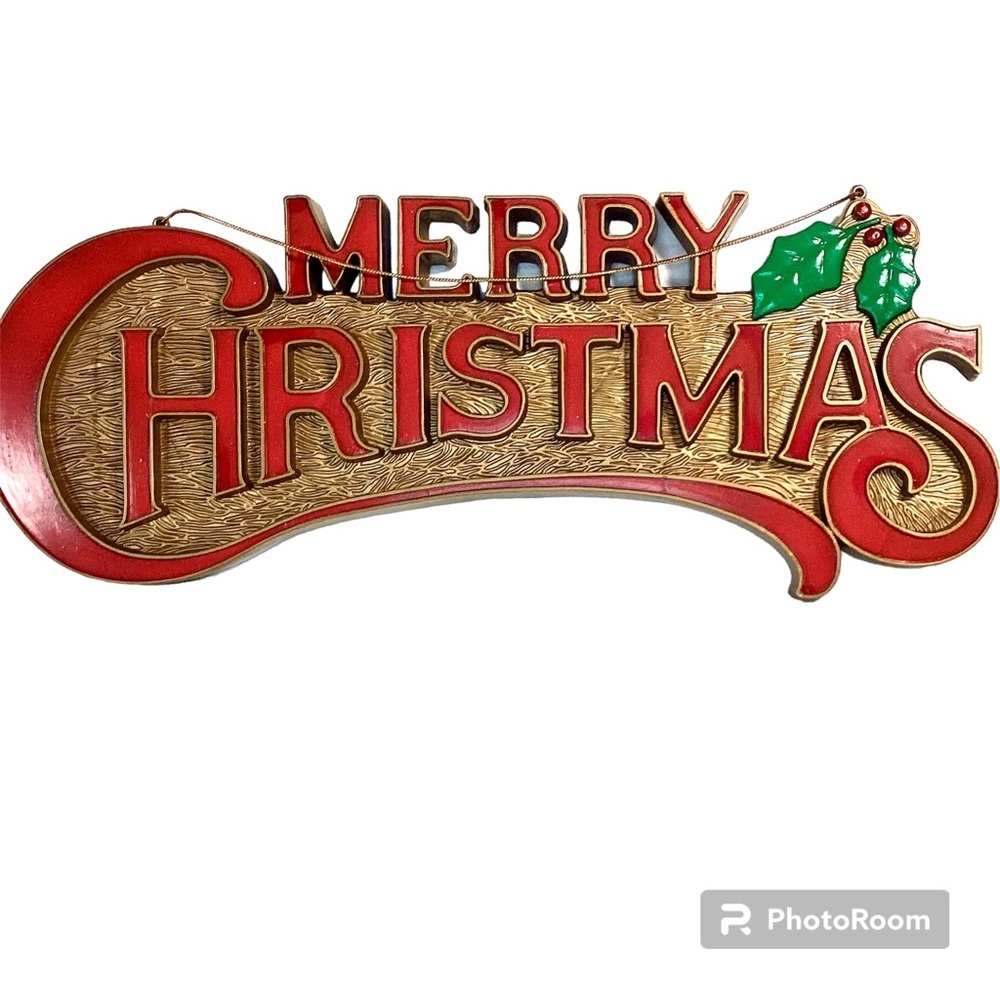 Vintage Retro Merry Christmas Holiday Molded Hanging Plastic Sign